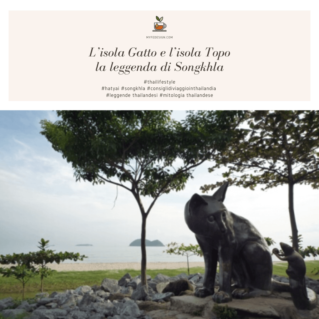 statue del gatto e del topo di fronte alle rispettive isola sulla spiaggia samila beach di Songkhla nel sud della Thailandia