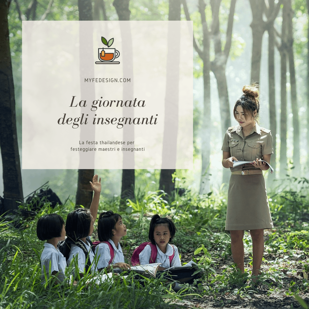 immagine di un'insegnante thailandese con la divisa circondata da bambini thailandesi con la divisa scolastica seduti per terra in mezzo a una foresta