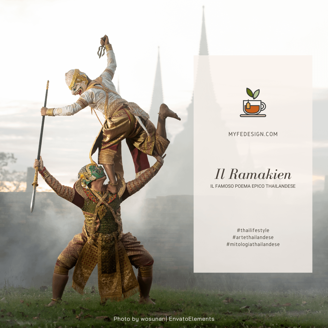 Attori thailandesi in costume che rappresentano una scena del Ramakien dove Hanuman combatte Thotsakan
