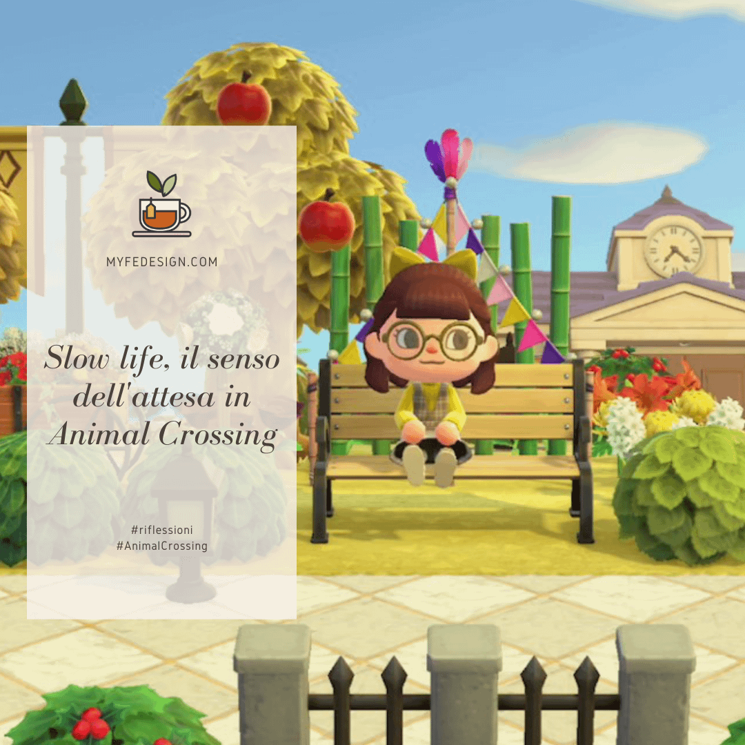 screenshot dal gioco Animal Crossing, personaggio umano seduto su una panchina che aspetta qualcosa