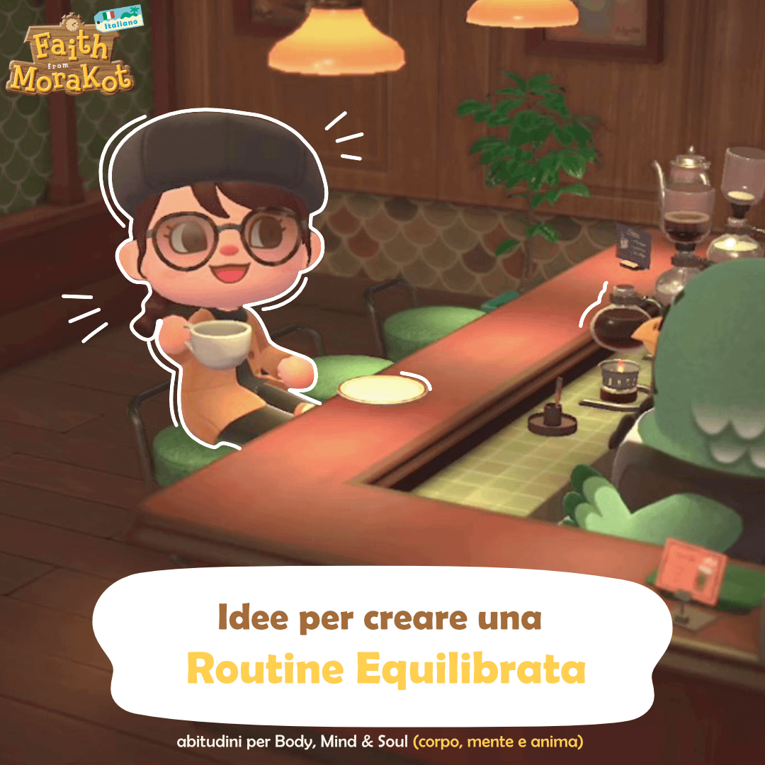 schermata di gioco di animal crossing new horizon alla piccionaia con il personaggio principale che prende un caffè