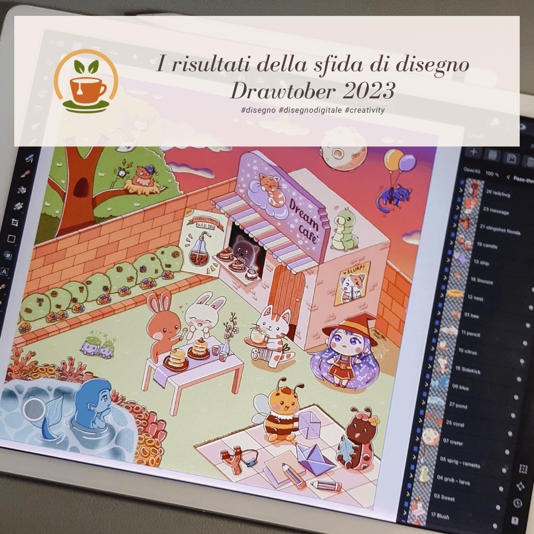 vista dall'alto di un ipad con aperta l'app di disegno usata per realizzare l'illustrazione per la Drawtober