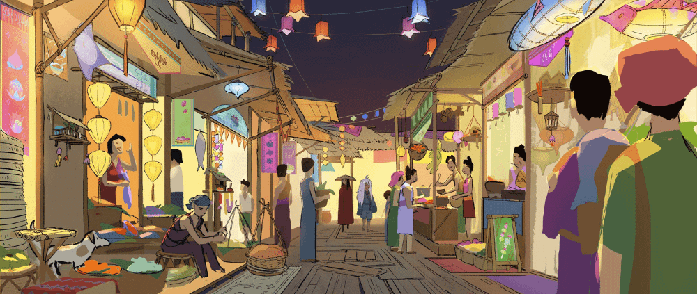 Concept art per la scena del mercato sul fiume
