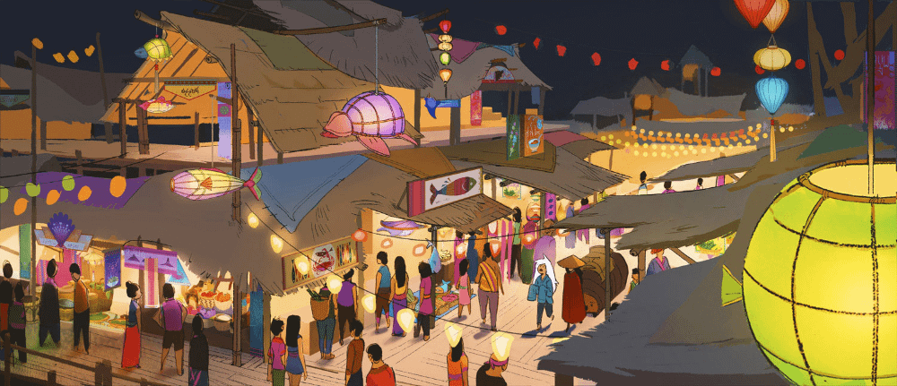 Concept art per la scena del mercato sul fiume
