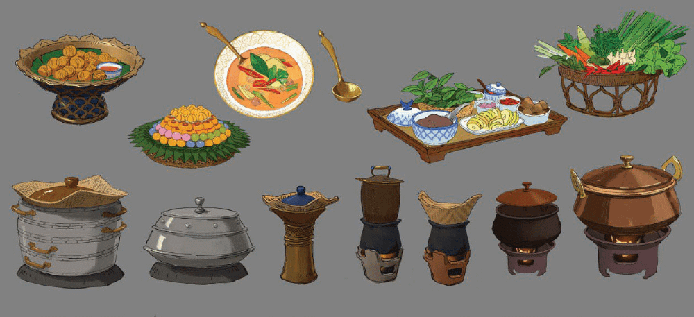 Concept art per i cibi da inserire nelle scene in cui i personaggi mangiano e in cucina