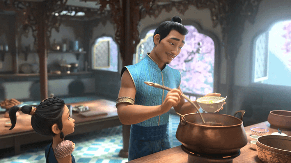 Scena dal cartone in cui Benja prepara il Tom Yum, spiegando a Raya la sua volontà di riunire tutti i popoli di Kumandra all'insegna della pace