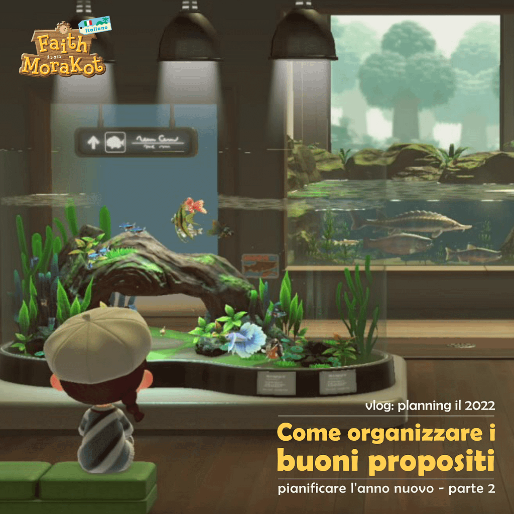 schermata di gioco di animal crossing new horizon nell'acquario, con il personaggio principale di spalle e visione delle vasche dei pesci
