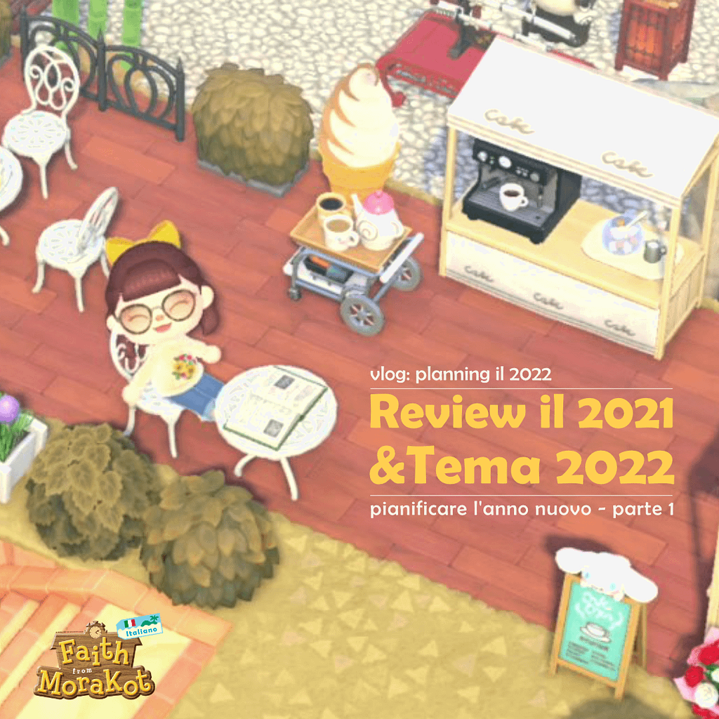 schermata di gioco di animal crossing new horizon con il personaggio principale seduta ad un bar esterno a pianificare per l'anno nuovo