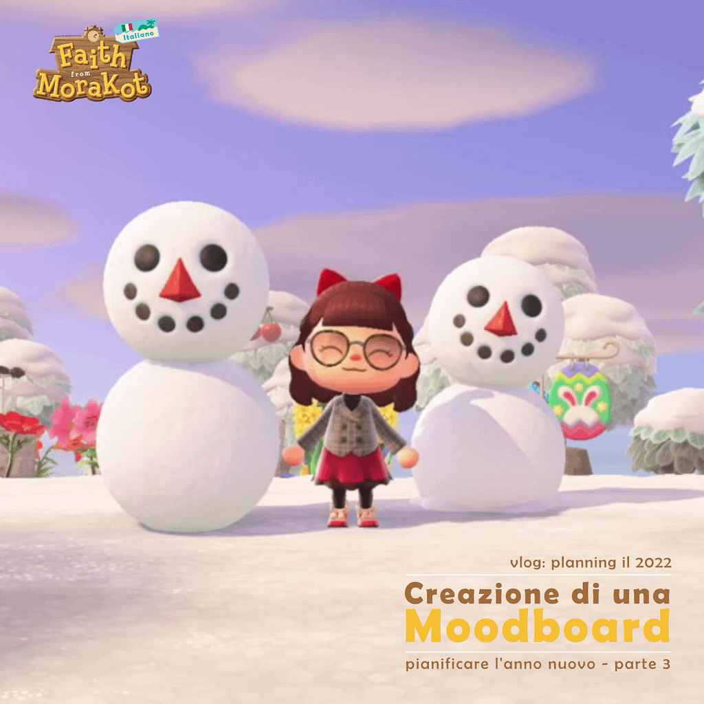 schermata di gioco di animal crossing new horizon con il personaggio principale in mezzo a due pupazzi di neve