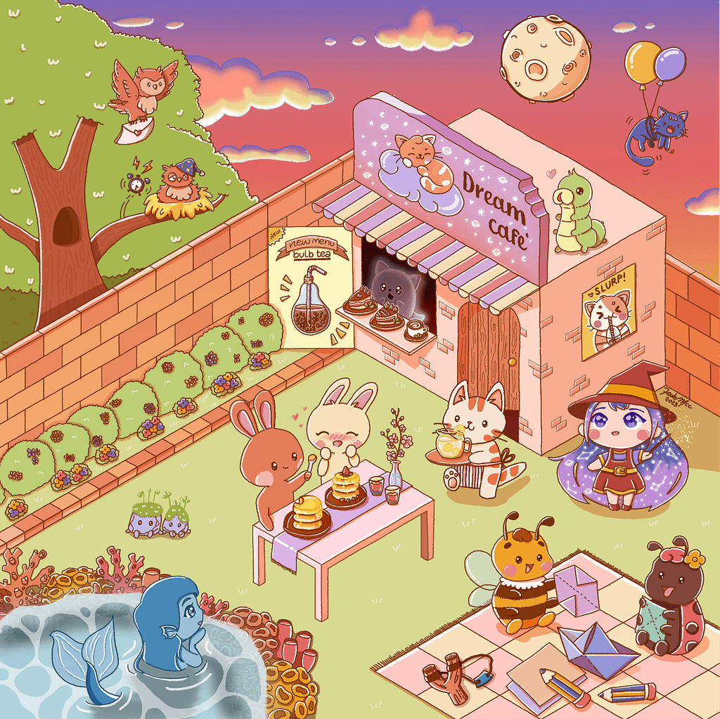 disegno digitale di un cafè ambientato in un giardino magico