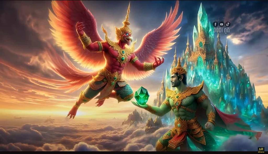 illustrazione che rappresenta Garuda e il dio Indra con in mano lo smeraldo che verrà usato per realizzare la statua del Buddha di smeraldo
