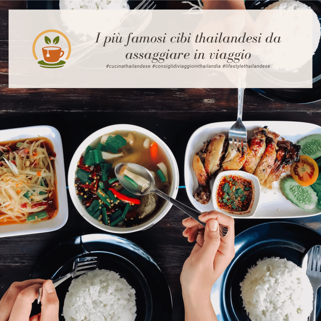 vista dall'alto di una tavola di legno con 4 commensali che mangiano riso in bianco e tre piatti thailandesi differenti