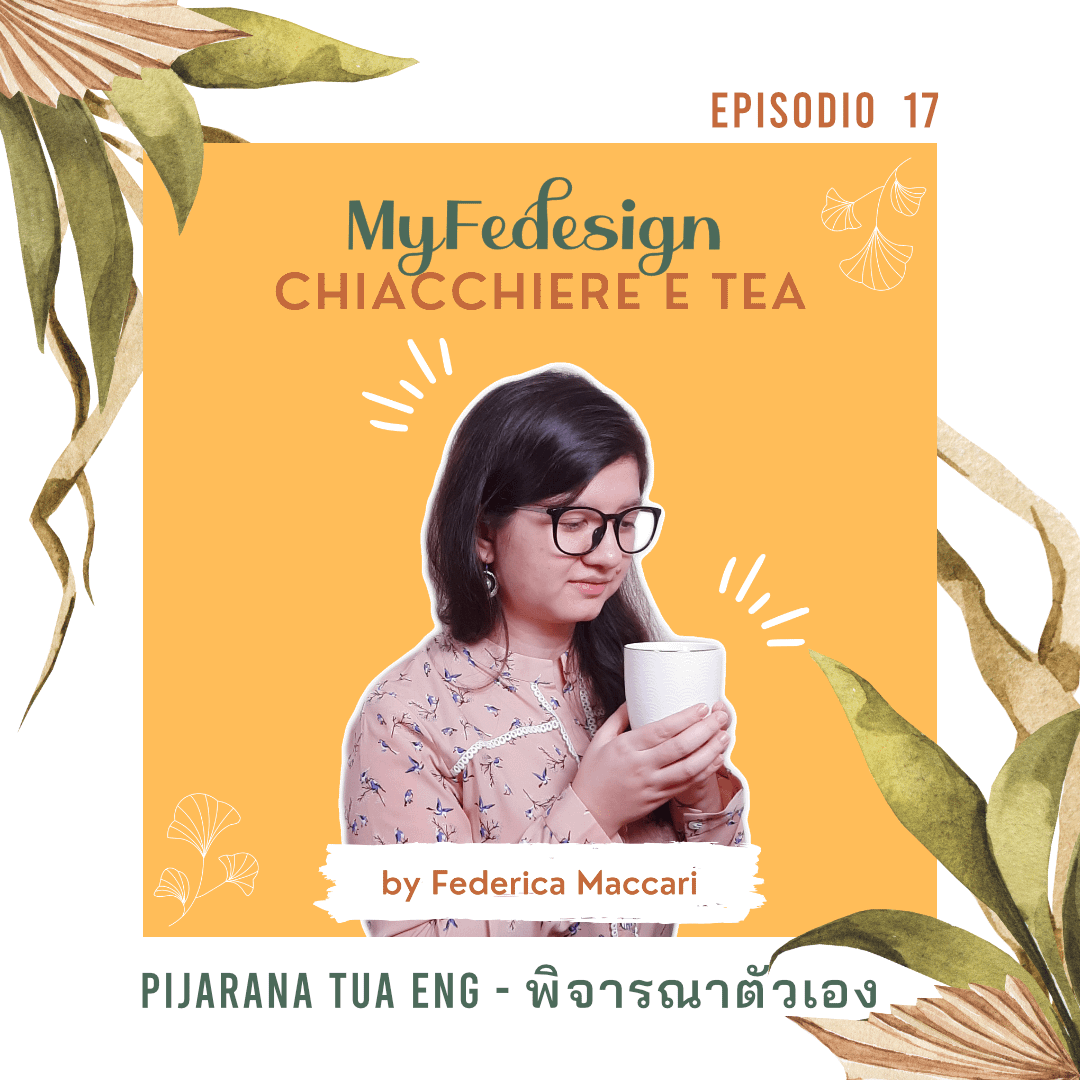 ragazza con tazza di tè in mano e titolo del podcast