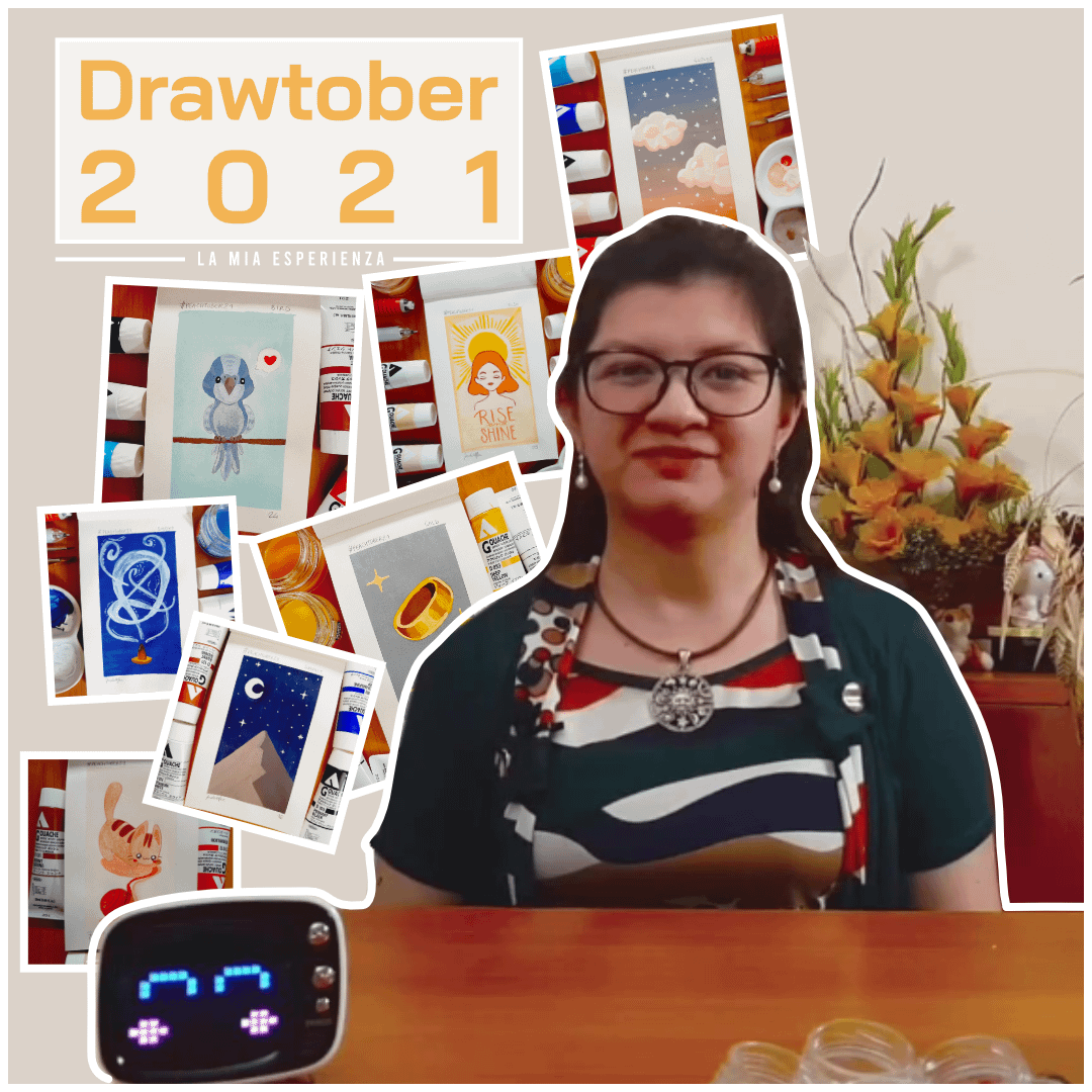 ragazza che sorride con accanto alcuni dei disegni realizzati per la sfida della drawtober 2021