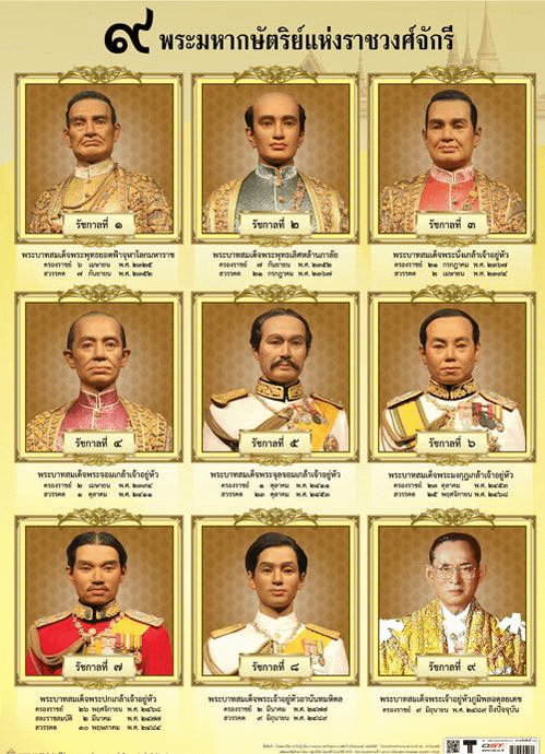 9 immagini mezzo busto dei primi 9 re thailandesi della dinastia Chakri