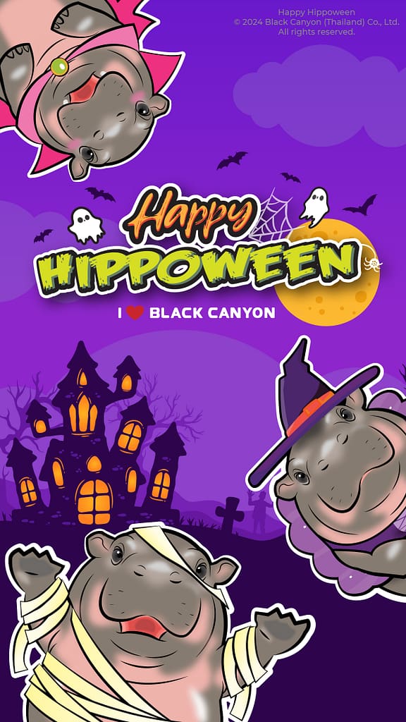 poster di una catena di caffè thailandese che ha declinato halloween in "hippoween" in onore di Moo Deng