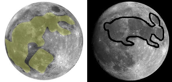 2 immagini della luna, con evidenziate  2 diverse sagome che possono ricordare un coniglio