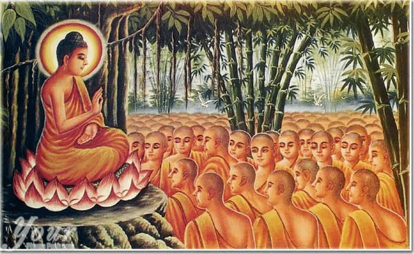 illustrazione di Buddha circondato dai monaci durante il Makha Bucha