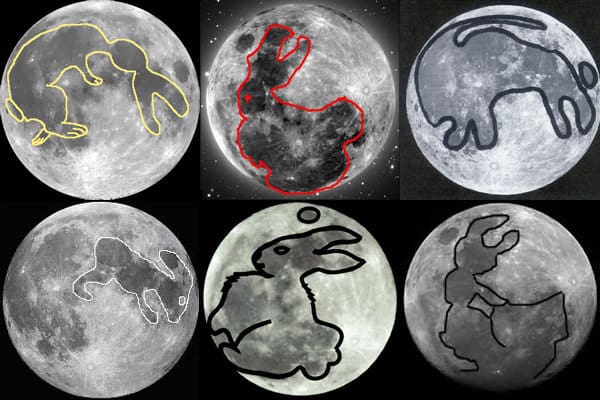 6 immagini della luna, con evidenziate diverse sagome che possono ricordare un coniglio