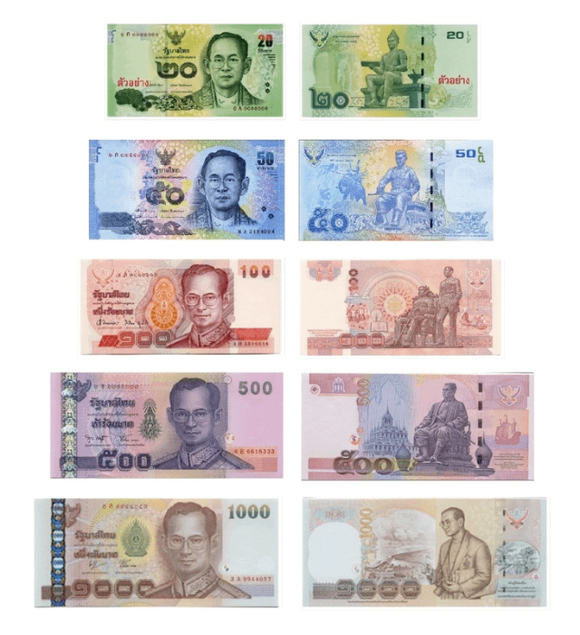 Vista fronte retro delle banconote thailandesi del periodo in cui regnava Rama IX