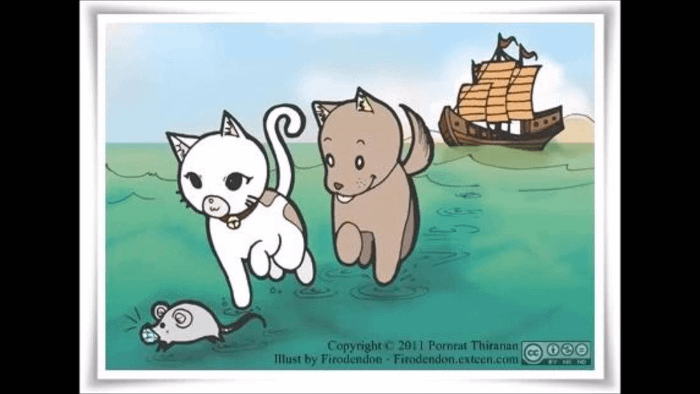 illustrazione della leggenda del cane, gatto e topo, con sullo sfondo la nave da cui scapparono