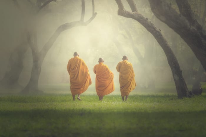 monks hike in deep forest, Buddha Religion concept