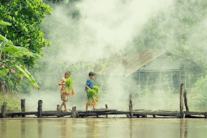 due bimbi thailandesi che attraversano un piccolo ponte di legno