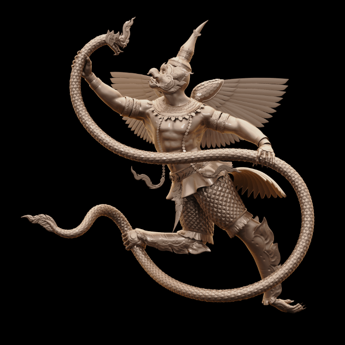 Statua digitale 3d della lotta tra Garuda e un serpente Naga