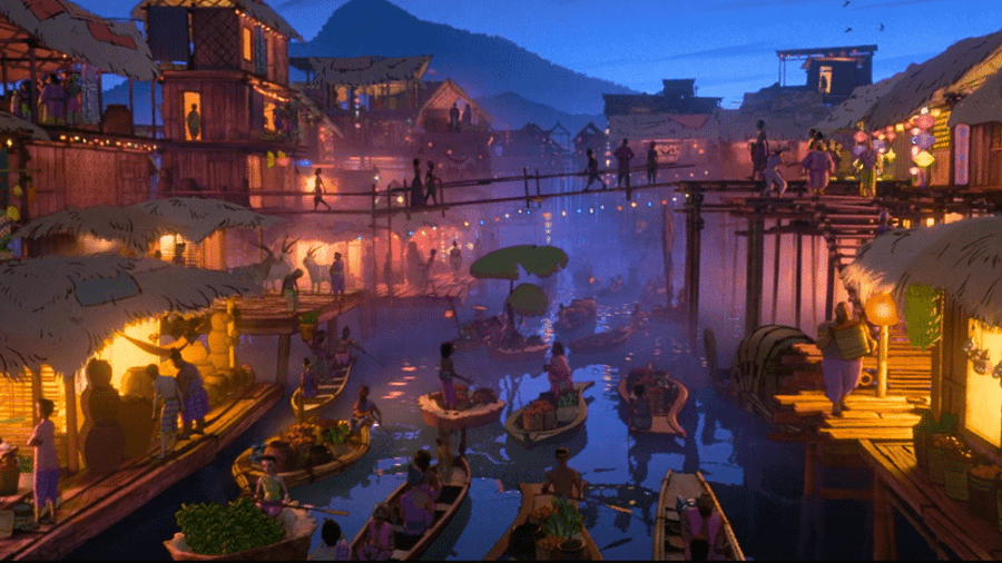 Concept art per la scena del mercato sul fiume